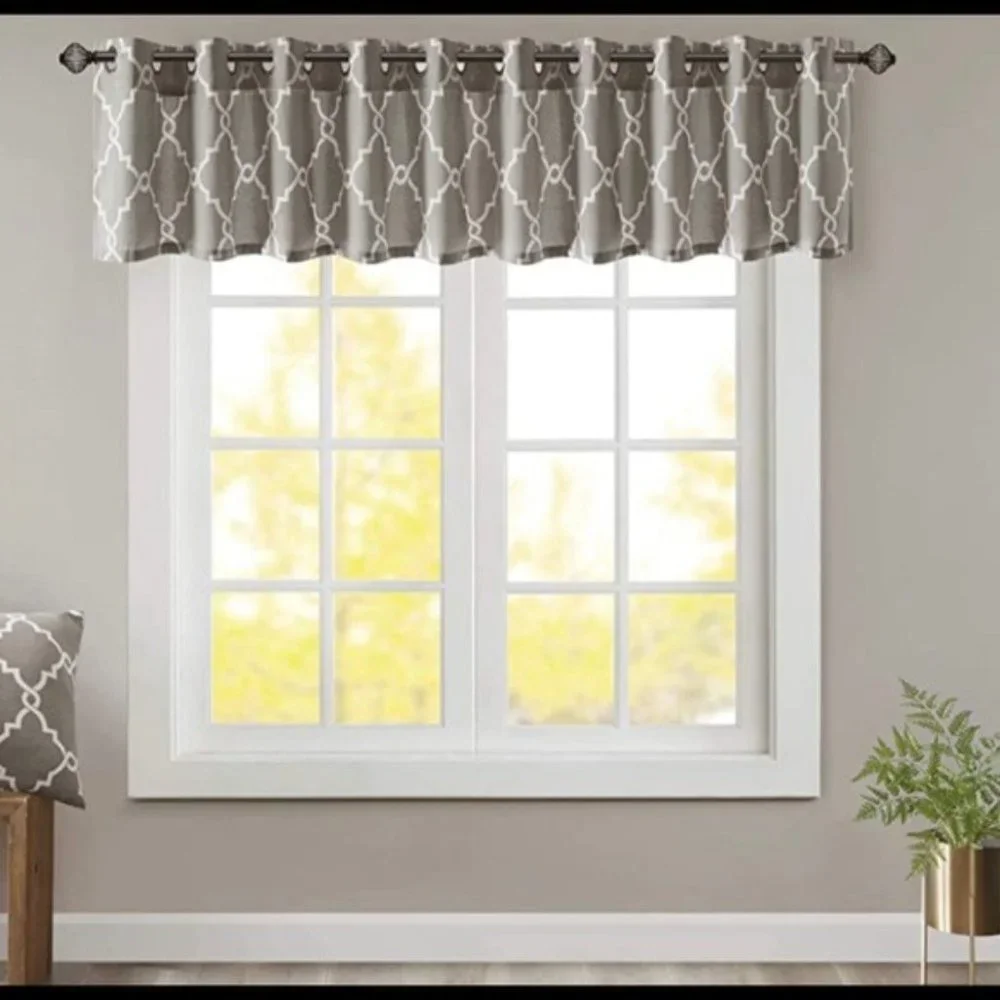 MADISON PARK Saratoga Fretwork Window Valance Grey Cream Trellis 50 x 80 NEW NIP